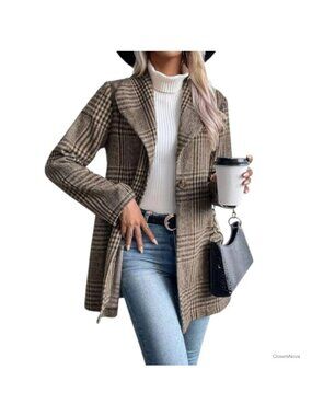 Women's Plaid Wool Blend Blazer Shawl Collar Trench Pea Coat One Button